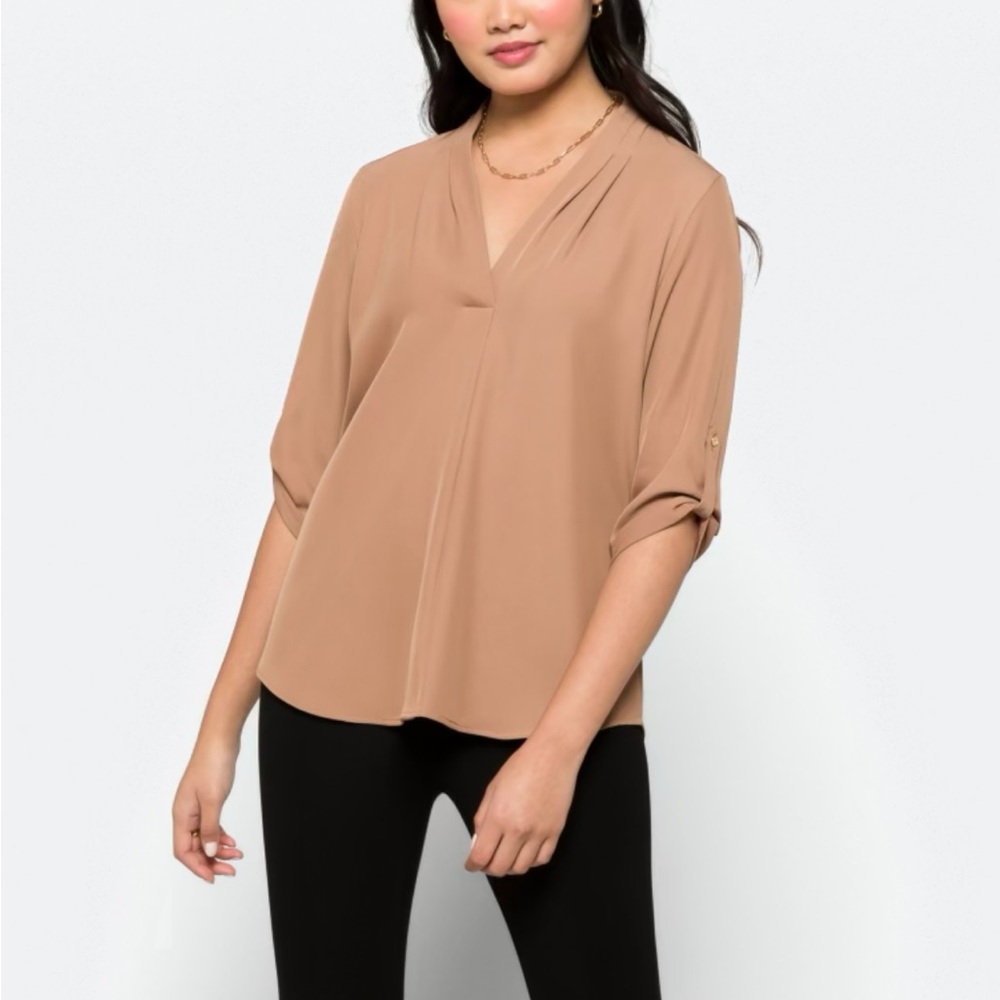 Calvin Klein V-Neck Rolled Sleeve Blouse - Picture 3 of 5